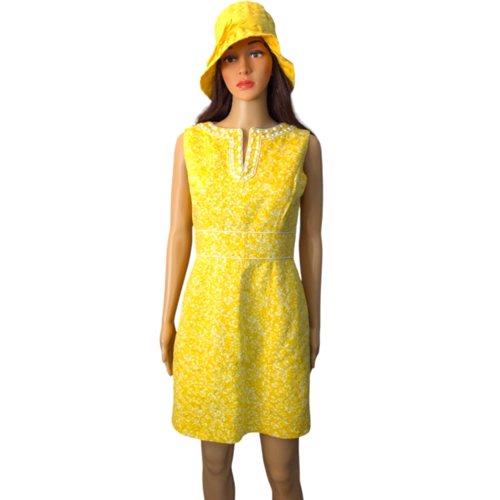 Vintage Tahari Arthur Levine  yellow and white Dress w/ coordinating hat, size 6